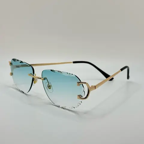 Women's Glam Square Rimless Sunglasses - Gold Metal Frame, Gradient Blue Lenses, UV400 Shields Eyes Outdoors, Trendy Casual Street Style, Beach Use