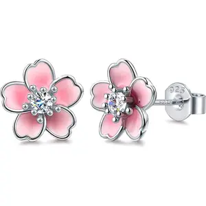 Pink Flower Earrings for Women, 925 Sterling Silver Stud Earrings, Cute Plumeria Earrings For Women, Cherry Blossom Hypoallergenic Stud