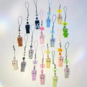 Fuzzy Cat Phone Charm – Pastel Beaded Strap, Kawaii Critter Keychain