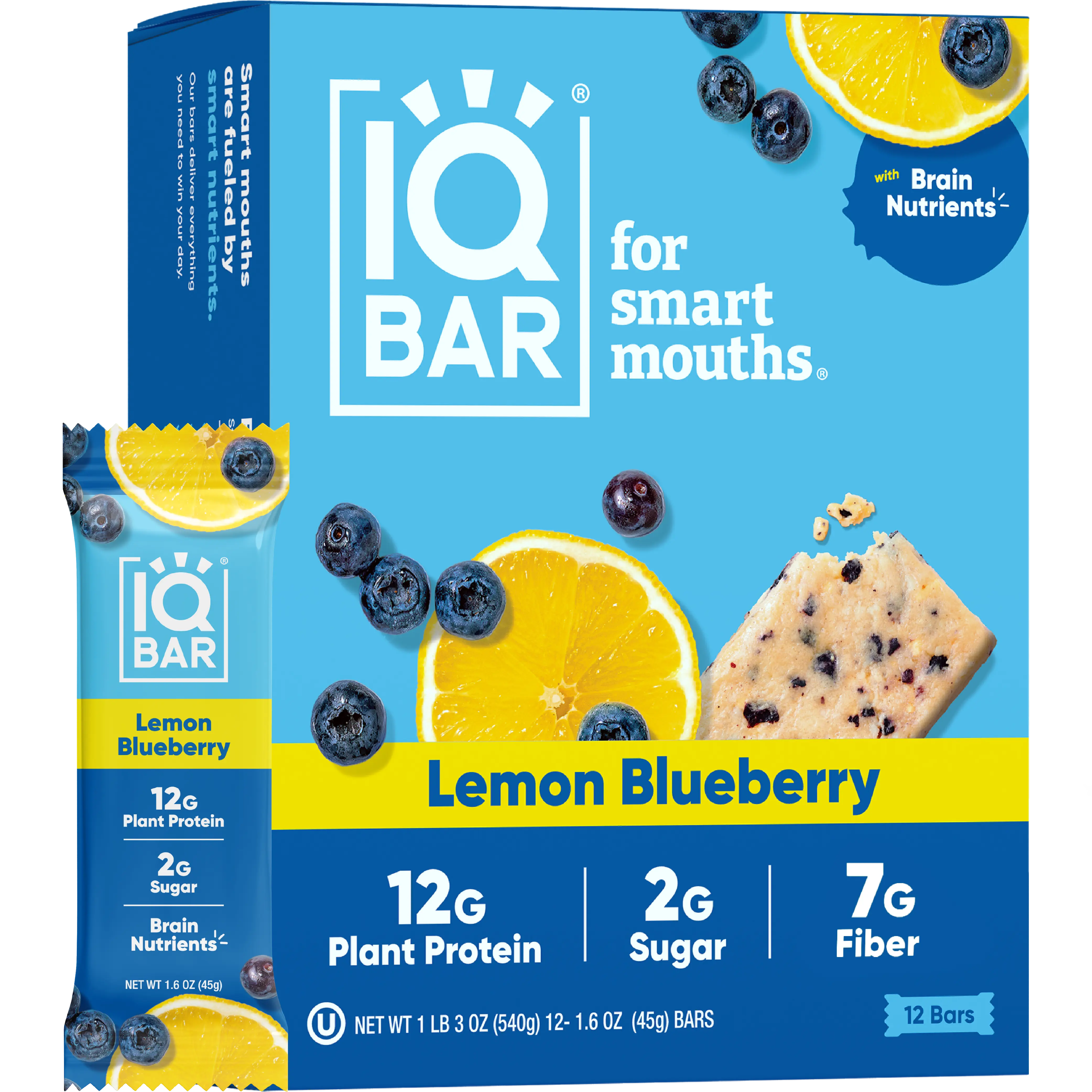 IQBAR Lemon Blueberry Plant Protein Bars (12 Count) - Natural, Vitamin-Infused Brain & Body Snacks, Low Carb, High Fiber, Gluten Free, Healthy Vegan, Low Sugar Great Protein Snacks