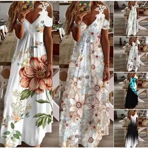 Women's Spring and Summer Lace Sling V-neck  Printed Loose Dress Women's Clothes