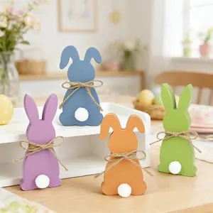 Easter Decorations - Wooden Bunny Peeps Signs 4PCS, Spring Decor with Hemp Rope for Home Table Tiered Tray, Easter Freestanding Centerpiece for Indoor Mant