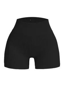 Women's Fashion Trendy Ribbed Yoga Shorts, High-Waisted Sporty Cycling Shorts, Geometric Pattern, Slim-Fitting, Casual Style