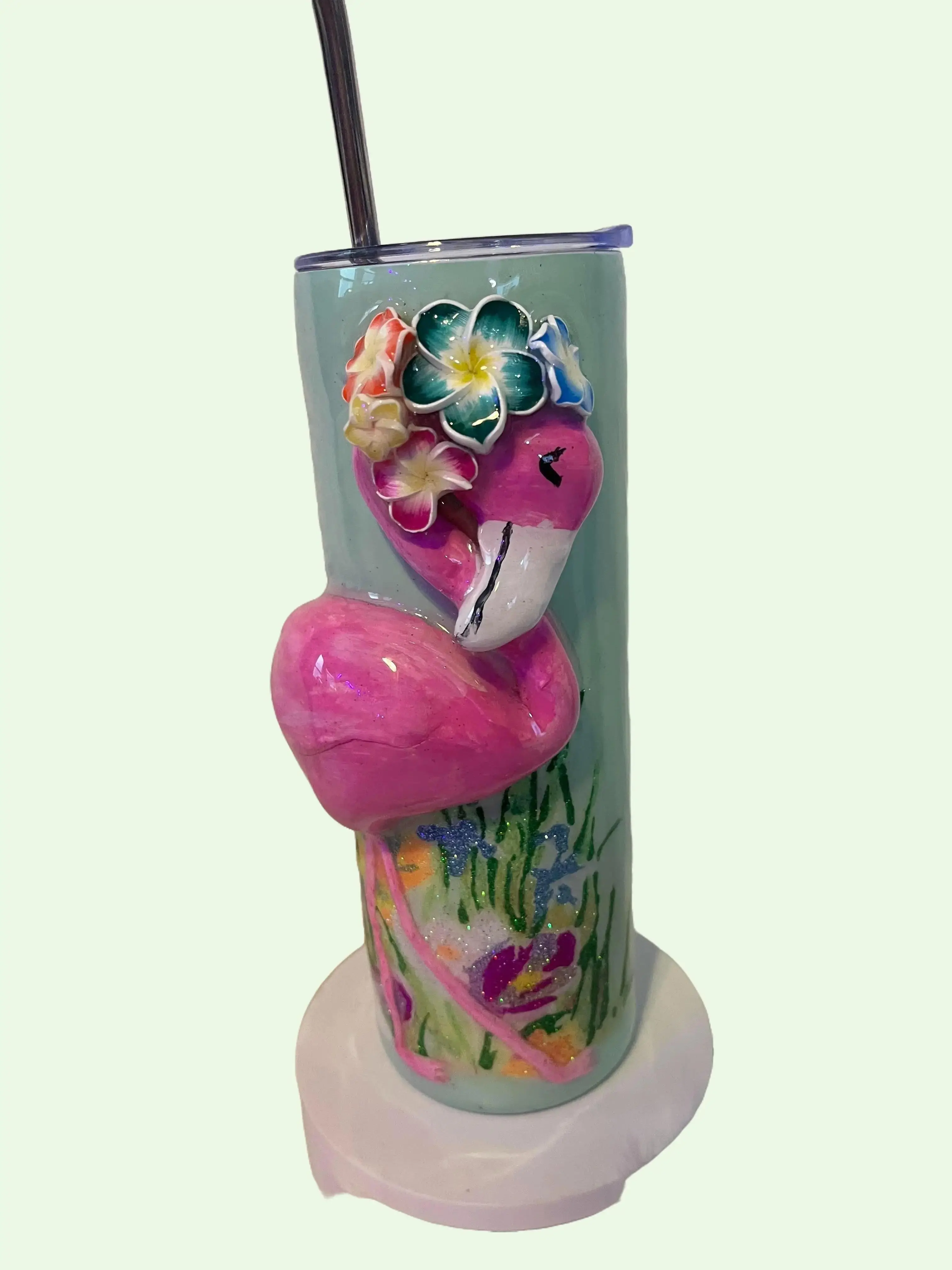 Flamingo 3D Molded Handmade Tumbler with Lid, Stainless Steel, Glittered Floral, Unique Design, Straw Included - Bottle, Drinkware Flasks Clay Skinny