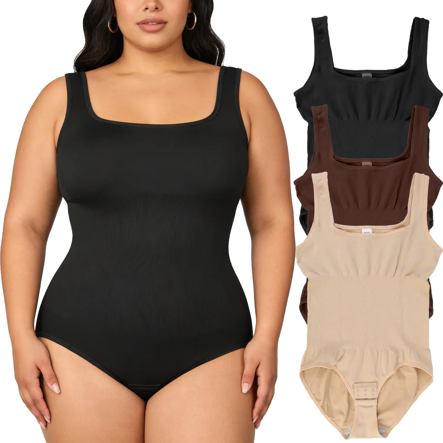 【Plus Size】Women's Plus Size Shapewear Bodysuit, Sleeveless Square Neck Basic Tank Top with Tummy Control, Soft Compression for Casual Wear or Work, 1-3 Packs, Wedding, Valentines Day, Lightweight, 3Xl, Lady, Athletic, Elastane