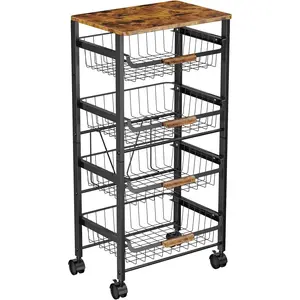 NEW Potato Storage, 5-Layer Potato and Onion Storage Bin, Retro Kitchen Stand, Iron and Wood Fruit Basket, Fruit and Vegetable Storage Cabinet with Tabletop, Snack Cart with Universal Wheels.
