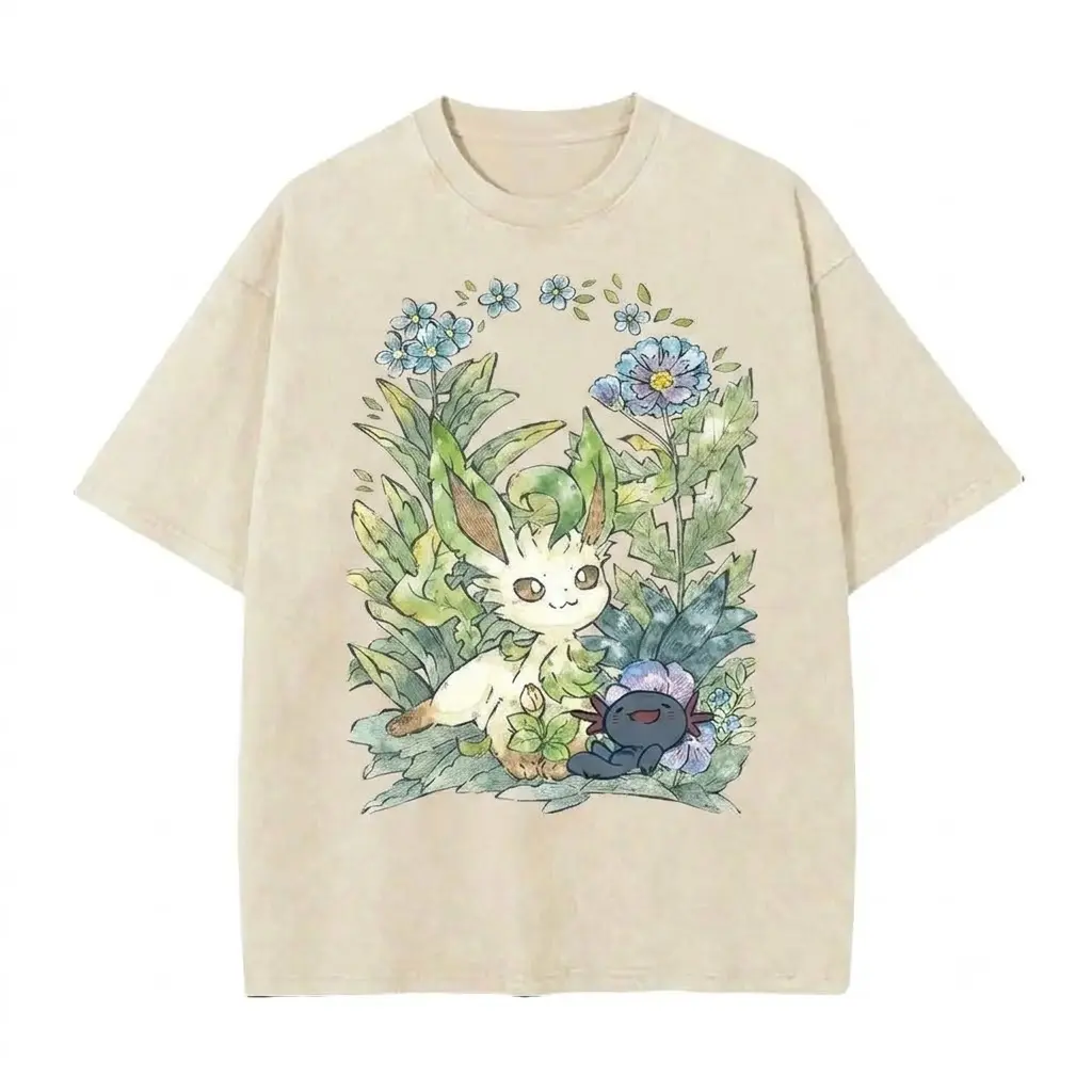 Leafeon Graphic T-Shirt Vintage Acid Wash Oversized Pokemon Botanical Tee Cottagecore Aesthetic Apparel Nature Lover Gift, Unique Floral Creature Tee, Soft Pastel Anime Tee