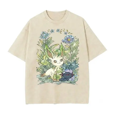 Men's Leafeon Vintage Graphic Tee - Menswear, Oversized, Soft Pastel, Light, Casual, Cotton, Washed Look, Pokemon Botanical Statement Top, Cottagecore Aesthetic Apparel, Nature Lover Gift, Unique Floral Creature Anime Shirt