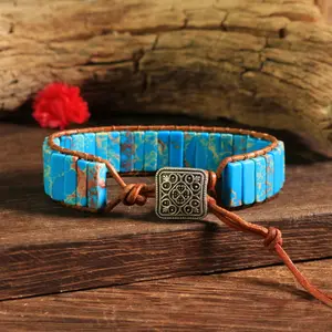 Natural Blue Ocean Jasper Leather Handmade Braided Balance Healing Vintage Bohemian Tibetan Stainless Steel Buckle Adjustable Bracelet