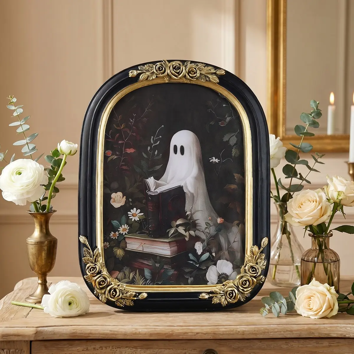 Resin Ghost Reading Rose Arch Photo Frame, Simple Indoor Desktop Decor, Home Decoration, Festival, Bedroom, Office Use