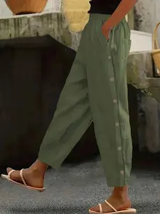 【Plus Size】 Solid Button Decor Pocket Pants, Casual Comfy Trousers for Summer, Women's Bottoms for Daily Wear, Casual Fashion Pants