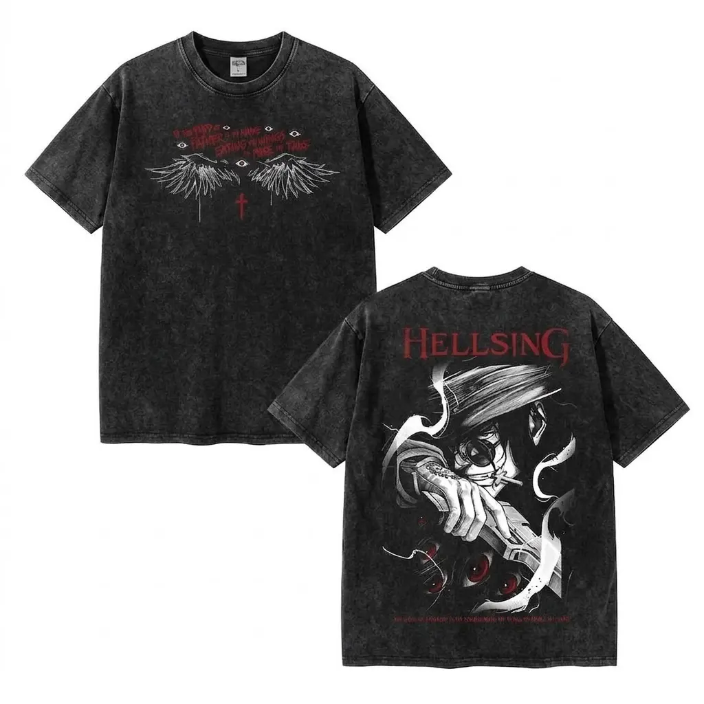 Men's Hellsing Ultimate Alucard Vampire Oversized Printed Seamless Soft Apparel T-Shirt - Vintage Acid Wash, Unisex, Anime Gym Pump Cover, Dark Gothic Aesthetic, Y2K Streetwear, Front & Back Print, Heavyweight Cotton Top, TikTok Trendy Manga Merch
