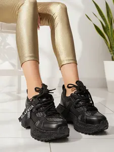 Women's Stylish Bejeweled Low-Top Chunky Dad Sneakers, Fashionable Thick Sole Casual Sports Shoes for Short Girls, Trendy Height-Enhancing Footwear