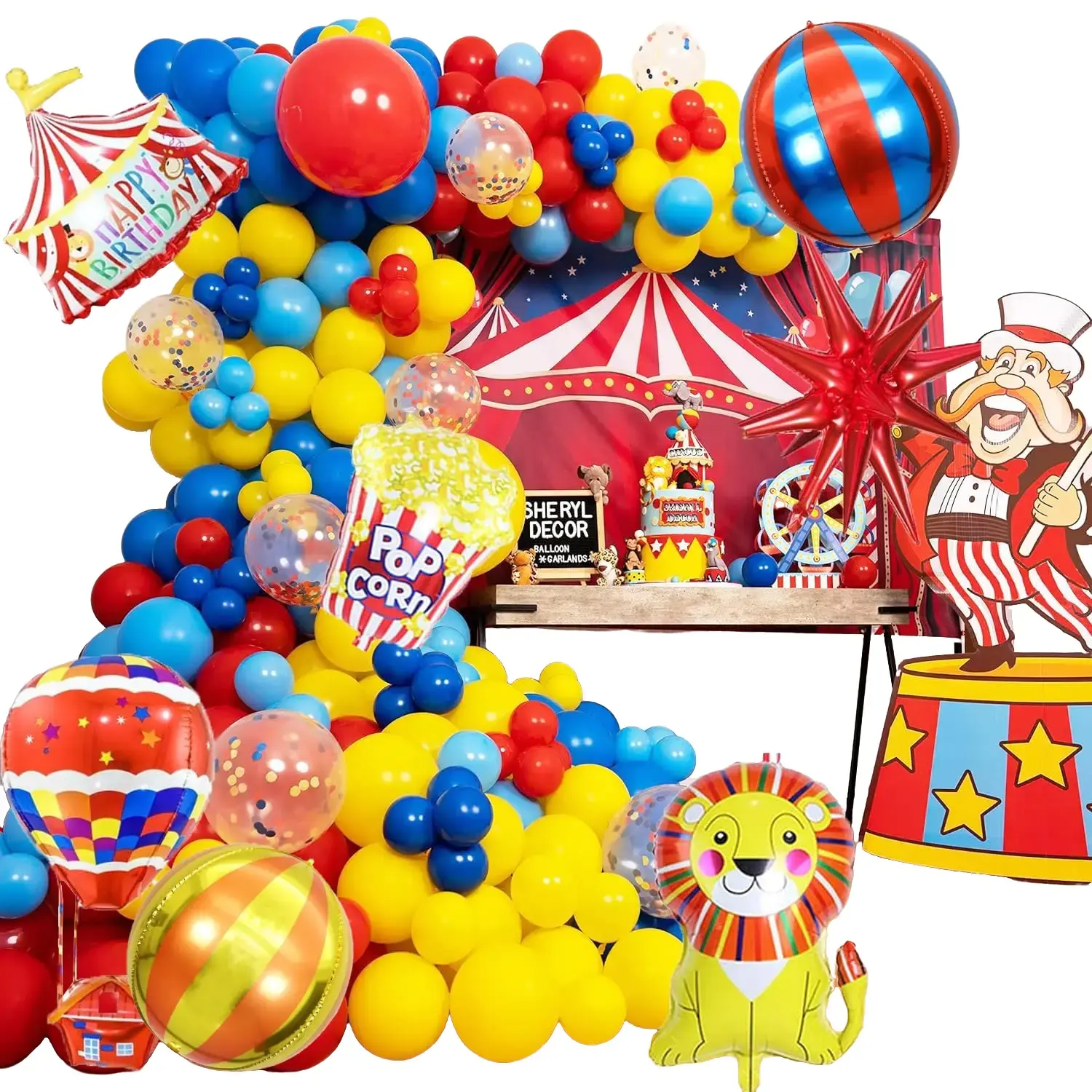 Carnival Red Blue Yellow Balloon garland kit Primary Color and Lion & Popcorn & Hot Air Balloon Rainbow Confetti Balloons for Circus Theme birthday Party Decorations Set Thick