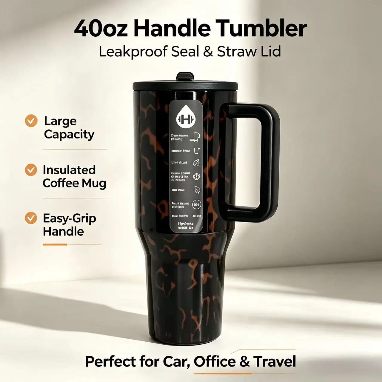 40oz Dark Tortoiseshell Pattern Tumbler, Leak-Proof Stainless Steel Insulated Travel Mug, Keeps Drinks Cold 24H, Portable Handle Tumbler Drinkware, Stylish Large Capacity Sports Car Water Bottle With Straw