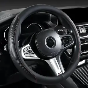 Leather Steering Wheel Cover with Carbon Fiber Texture, Non-Slip Grip, Universal Fit for 14.5-15 Inch Wheels