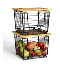 2-Pack Stackable Fruit Baskets with Bamboo Top, Kitchen Counter Pantry Organizer, Black Wire Storage for Fruit, Vegetables, and Bread