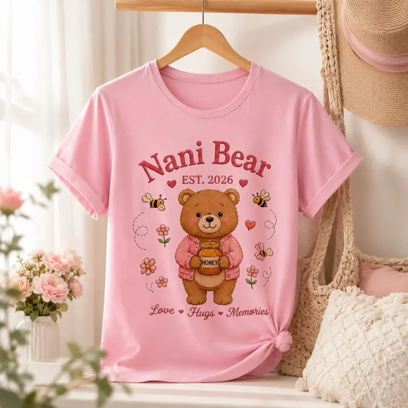 Personalized Nani Bear Shirt, Custom Grandma T-Shirt, Cute Pink Bear Tee, Nani Gift.