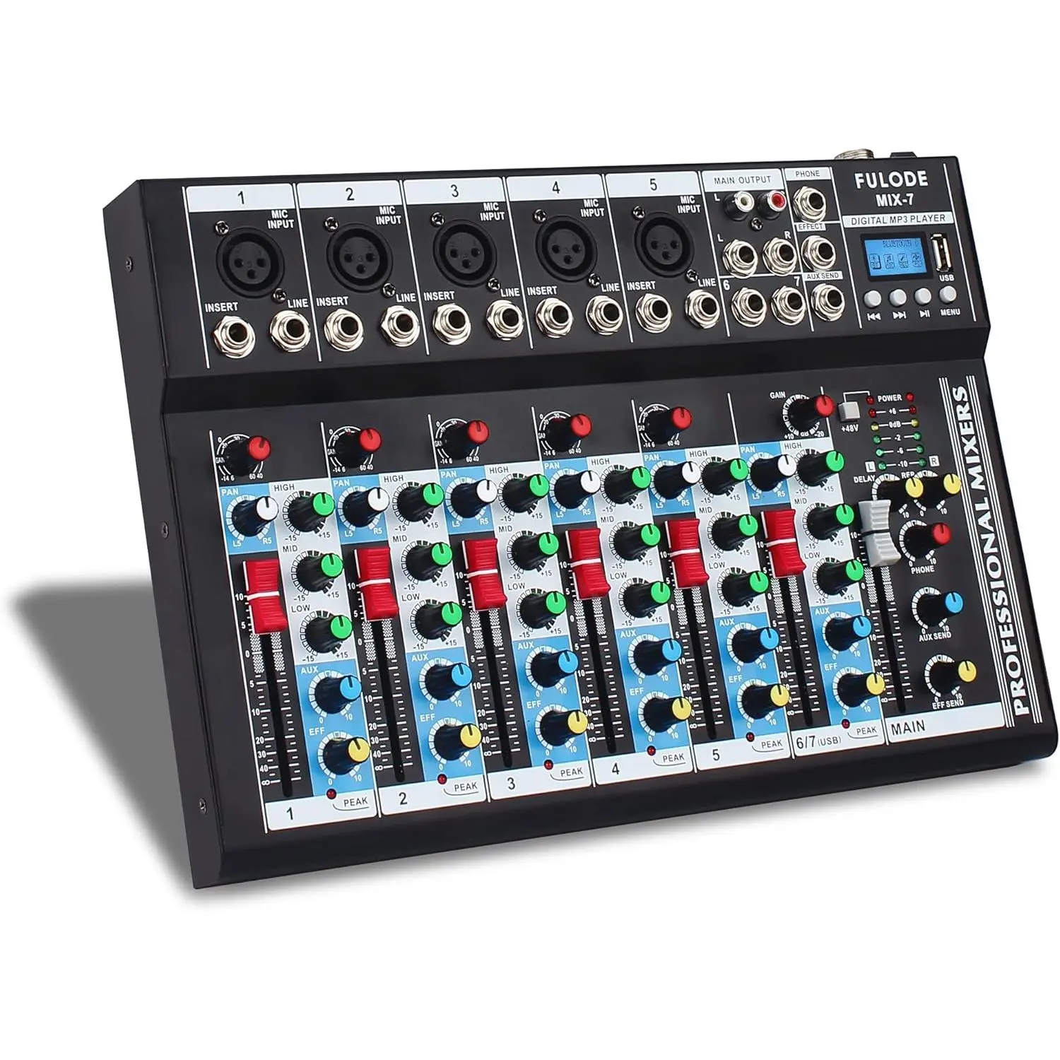 7-Channel Portable Wireless Digital Audio Stereo Bluetooth Amplifier Mixer Kit - Built-in Amplifier, 48V Phantom Power, Button Controls, MP3 Jack, Plug, 3-Band EQ, Reverb & Delay Effect, Mobile/Computer Compatible for Studio Recording, Podcast Setup