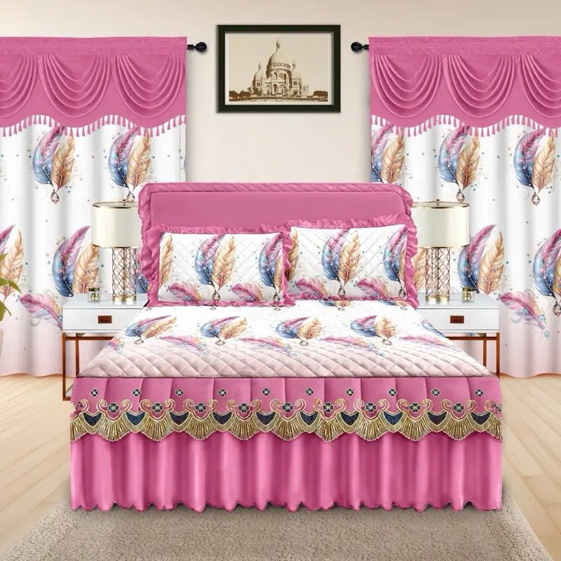 Lilianna Collection 5 pcs Bed Skirt Set for King Size Bed with Lace Pillow Cases and Valance Solid Curtains