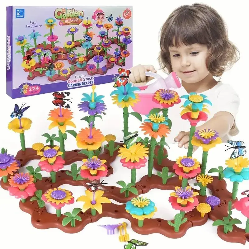 Flower Garden Building Set, 1 Set Easy Assembled Garden Playset, Motor Skills Training & Color Recognizing Block Games Montessori Toy, Great for Gift
