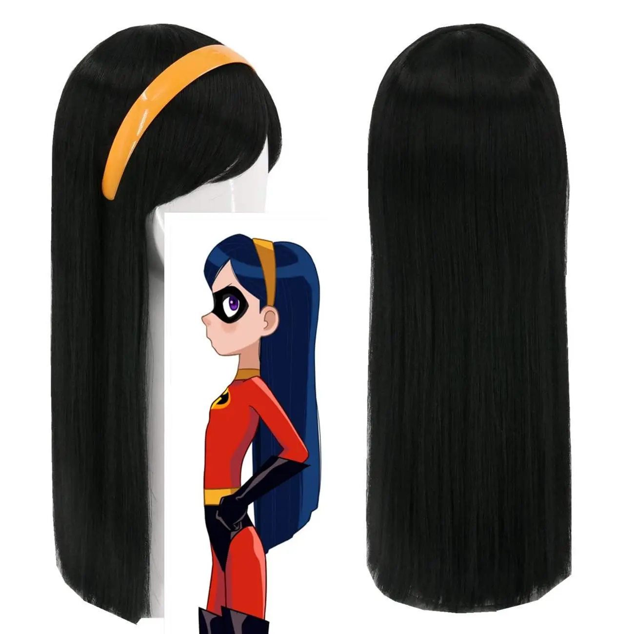 L-HDW007  Girls Kids Wigs Black Long Straight Cosplay Halloween Costumes Party Wig with Headband(1849)