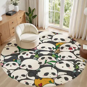 Cartoon Panda Bamboo Pattern Round Rug 3.3ft, Circular Indoor Outdoor Kitchen Rug Washable Carpet, Contemporary Non Slip Round Door Mat for Bedroom Front Porch