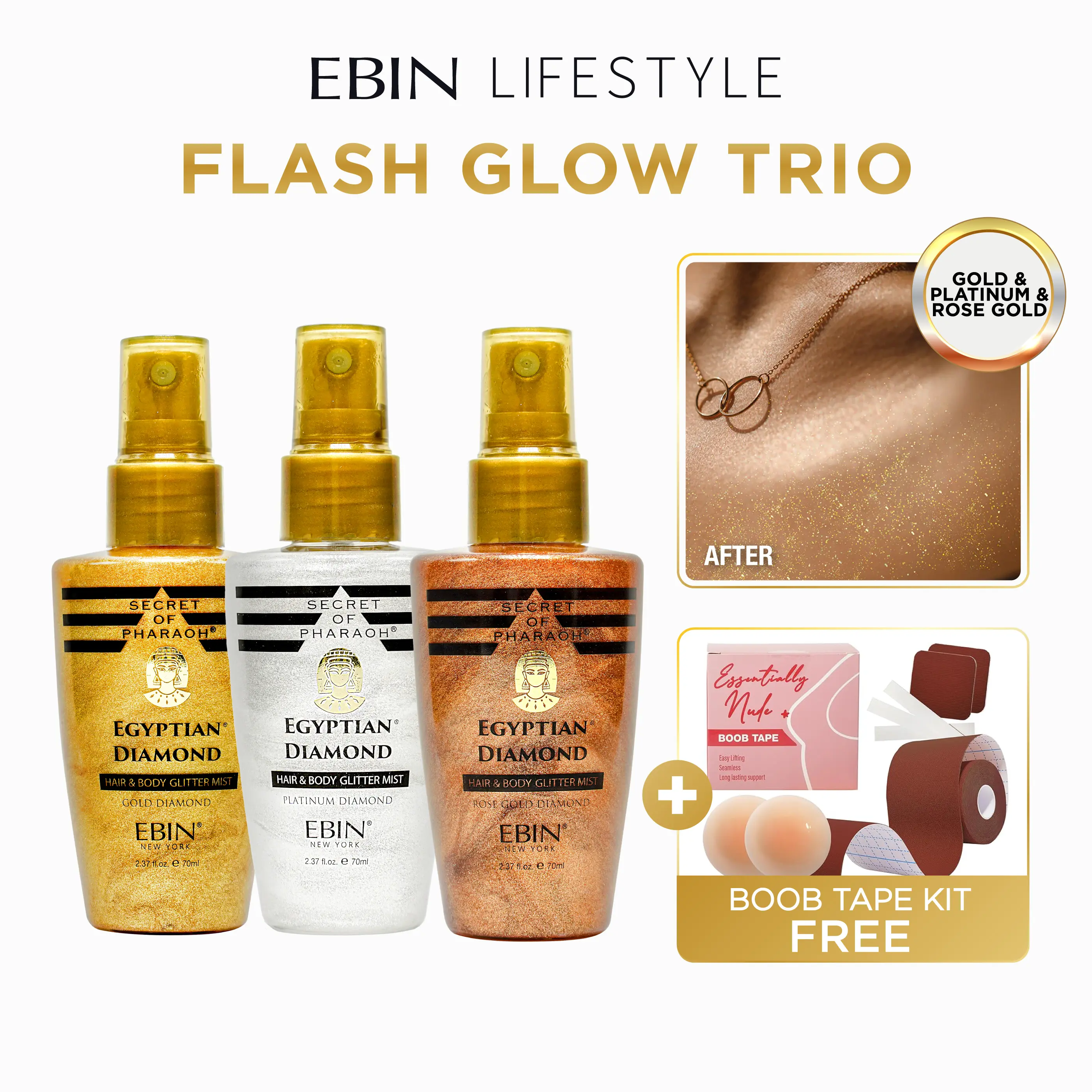 EBIN Hair & Body Glitter Mist (Gold/Platinum/Rose Gold) + FREE Boob Tape | Flash-Ready Glow, Lightweight Shimmer, Radiant Finish
