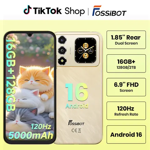FOSSIBOT S7 | 2026 | Dual Screen | Android 16 | 16(4+12)+128GB | up to 1TB | Unlocked Cell Phones 1.85"Smart Rear Display | 120hz | 5000mAh | 6.9''FHD | 1080p 60fps Encode |16MP AF | GPS | Dual SIM | 4G | AI Recognition | Beauty | Luxury Gold, Android Sma
