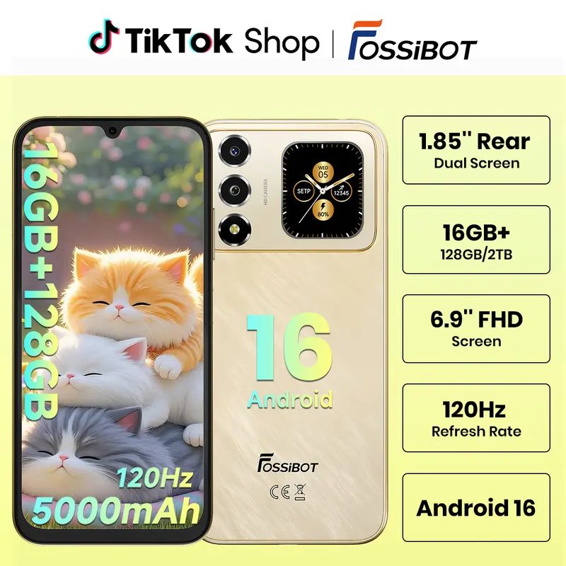 FOSSIBOT S7 | 2026 | Dual Screen | Android 16 | 16(4+12)+128GB | up to 1TB | Unlocked Cell Phones 1.85"Smart Rear Display | 120hz | 5000mAh | 6.9''FHD | 1080p 60fps Encode |16MP AF | GPS | Dual SIM | 4G | AI Recognition | Beauty | Luxury Gold, Android Sma