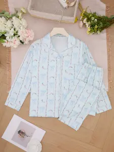 Women's All Over Butterfly Print Pajama Two-piece Set, Long Sleeve Lapel Neck Pocket Shirt & Pants PJ Set, Casual Comfy Loungewear Set for Women, Nightwear, Womenswear