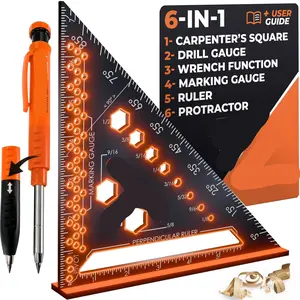 6-in-1 Carpenter Square 7 inch (1/16" Precision) T Square Multi-Purpose Carpenter Tools : Wrench, Square, Protractor, Ruler, Marking Gauge, Drill Gauge, Includes 2-in-1 Carpentry Pencil