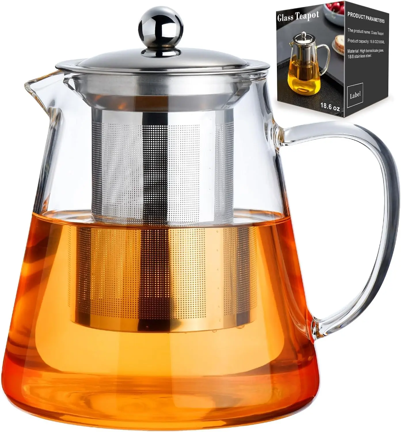 Glass Teapot 18.6oz/550ml, Tea Pot with Removable Infusers for Loose Tea, Borosilicate Glass Tea Kettle Tea Maker Stovetop for Camping, Tea Infuser for Loose Leaf Tea Travel | Borosilicate glass tea kettle with infuser;