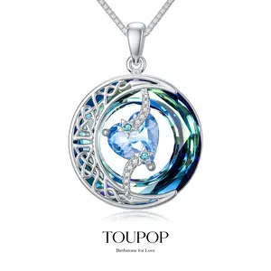 Moon Star Birthstone Pendant Necklace for Women | Chain 18'' 925 Sterling Silver Pendant with Created Blue Love Austrian Crystal | Hypoallergenic Jewelry Gift for Girlfriend,Mom, Wedding, Birthday, Anniversary Mother's Day | Eco-Friendly Luxury Jewelry