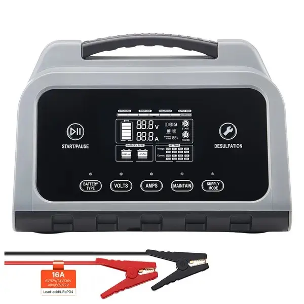 16A Smart Battery Charger - 6V/12V/24V/36V/48V/60V/72V for Lithium LiFePO4, Lead-Acid (Gel/AGM) Batteries, with LCD Display, Trickle Charging Maintainer Desulfator, for Car, Golf Carts, Lawn Mowers