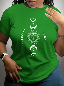 Women's Plus Size Floral Print Round Neck Basic T-Shirt, Casual Fitted Short Sleeve Top for Spring Summer, Fashionable Leisure Wear, Womenswear