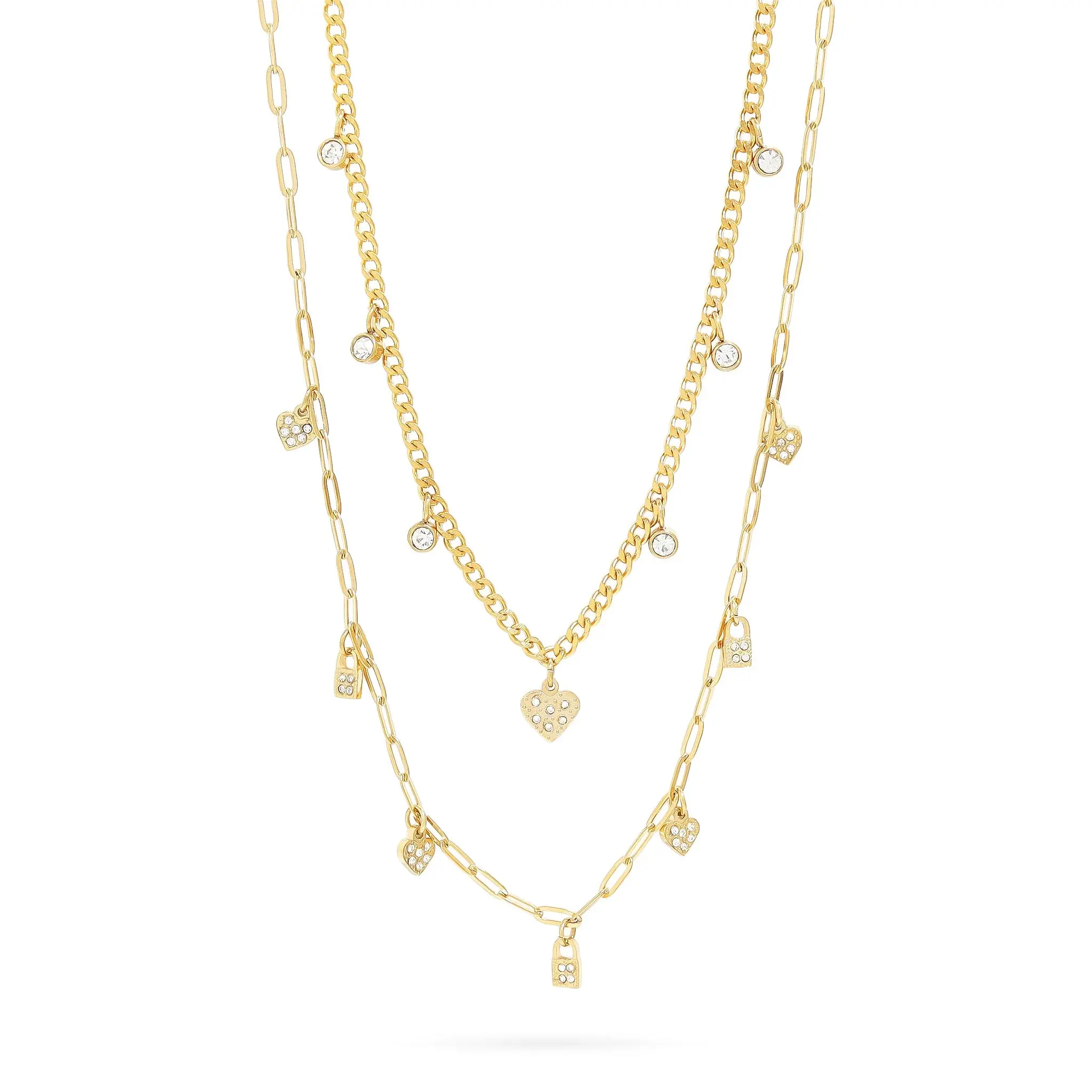 Double Heart & Padlock Convertible Necklace – Women | Stainless Steel | Adjustable