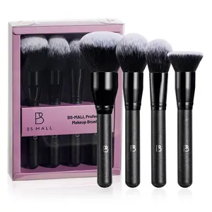 4 PCS Professional Makeup Brush Set, Face Brushes for Powder, Foundation, Blush & Highlight, Dense Bristles, Luxury Black Cosmetic Brush Kit