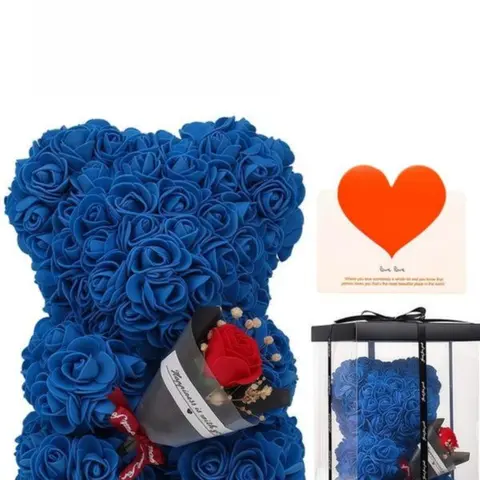 Blue Preserved Flower Rose Bear Acrylic Gift Box, Never Withering Romantic Gift, Handmade Ditsy Floral Teddy Bear Set, Forever Rose Gift