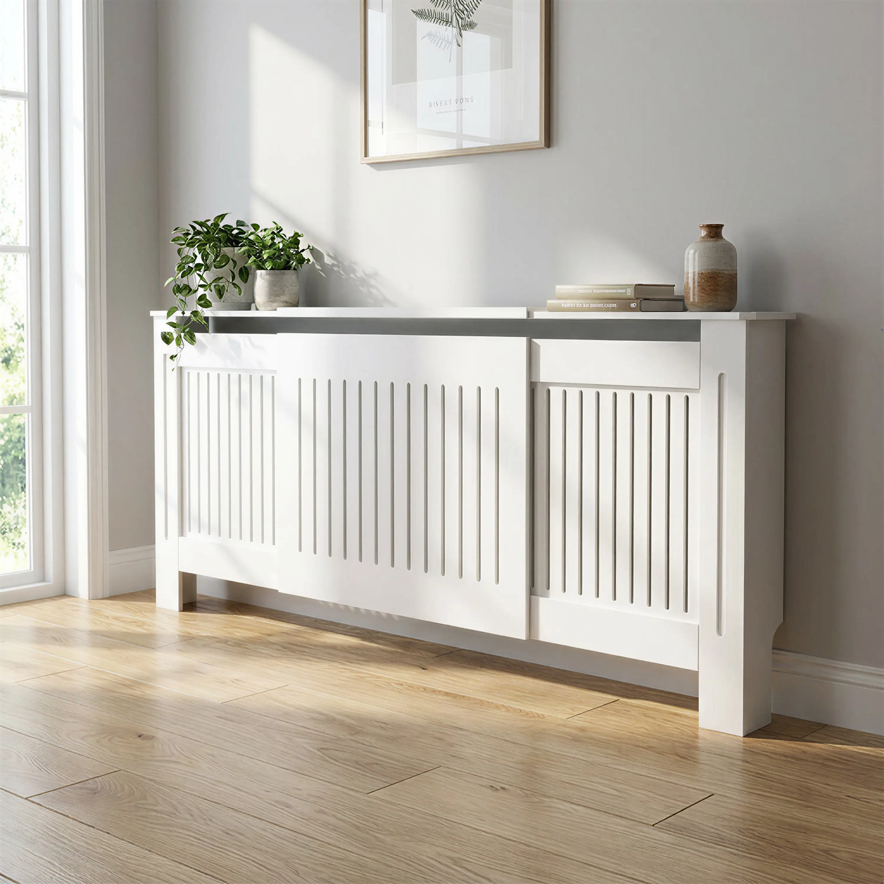 Radiator Cover Cabinet, Adjustable Decorative Heater Protector Guard, MDF Construction with Water‑Based Lacquer Finish, Expandable Safety Concealment for Baseboard & Electric Heating, Household Heatin