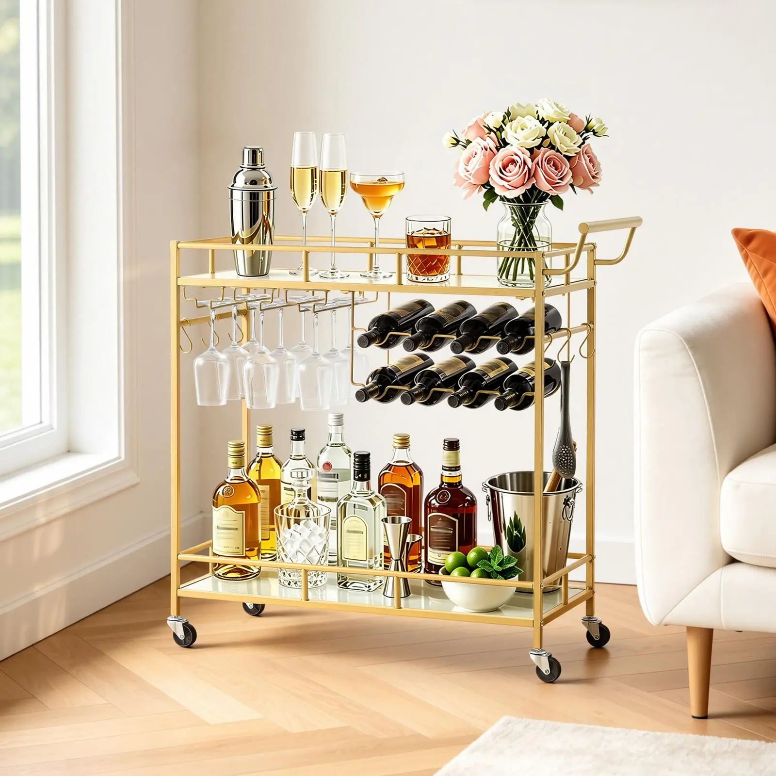 VEVOR Gold Compact Bar Cart Organiser, 2-Tier Glass-Metal Shelves Rolling Utility Station, Drink Serving Trolley with Wine Rack & Glass Holder for Living & Dining Room #SohoChic