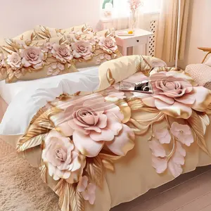2/3Pcs Elegant Floral 3D Render Duvet Cover Set, Luxurious Decorative Bedding Set with Soft Pink Roses and Golden Accents, Digitally Printed for Opulent Bedroom Decor, Perfect for Stylish Home Styling, No Filler, Bed Sets