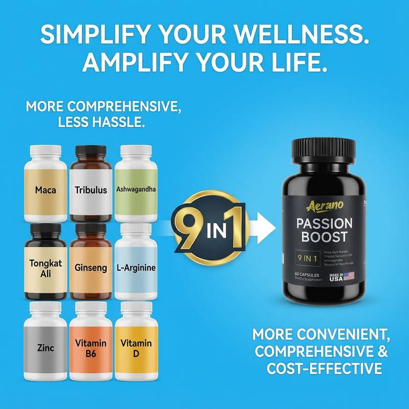 6 Bottles of Aerano Passion Boost 9 in 1 Capsules - Ginseng Ashwagandha Ginkgo & Tribulus Herbal Supplement for Energy Stamina & Brain Health Made in USA GMP Certified HACCP Compliant Lab Tested