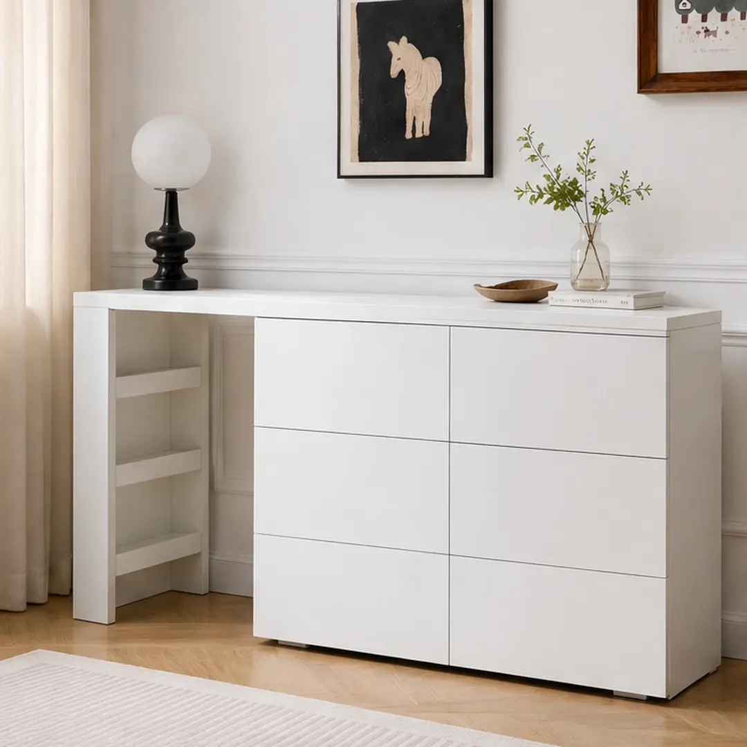 White L-Shaped 6-Drawer Vanity Dresser Desk Combo with Wide Desktop, Deep Storage, Particle Board & MDF, Modern Minimalist Dressing Table for Bedroom Dressing Room, Matte Finish, Pine Wood Accents, Scratch-Resistant, White Color Options