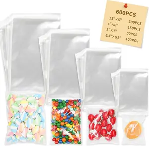 600PCS Clear Resealable Self Adhesive Cello Bags with 4 Sizes 3.5*5, 4*6, 5*7, 6.3*6.3 inch Great for Gift Wrapping,Packaging Candies,Dessert,Bakery, Cookies, Chocolate,Party Favor