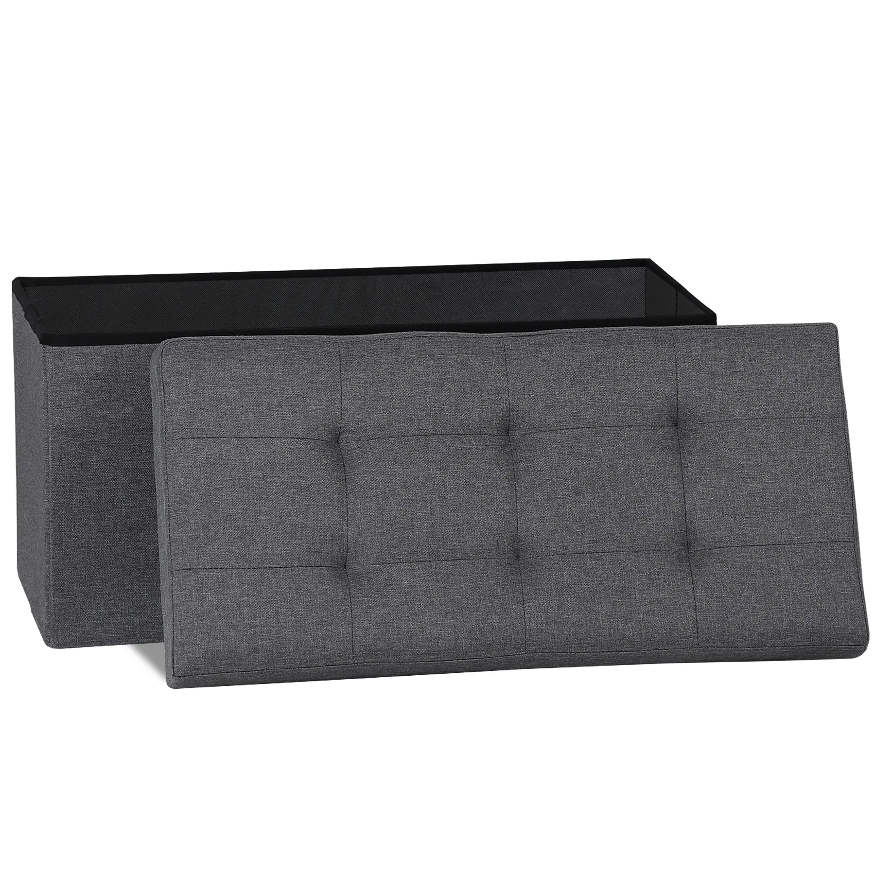 LEMY Modern Foldable Rectangle Linen Fabric Storage Ottoman Bench - 30"l x 15"w x 15.2"h, 660lb Capacity, 85-Litre Storage, Sponge Cushion, Engineered Wood, Gray, Space Saver, Extra Seating, Bedroom Footrest, No Assembly Required