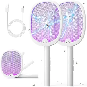Electric Fly Swatter Foldable Bug Zapper Racket 2 in 1 Mosquito Killer with Purple Attractant Light Rechargeable 1800mAh for Indoor Home Backyard Patio Camping