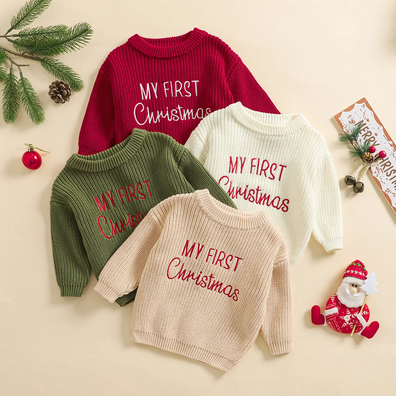 Babamoon Infant Baby Unisex Oversized Chunky Knit Embroidered Letter Pattern Sweater, My 1st Christmas Long Sleeve Pullover, Warm Fall Winter Baby Clothing Tops, Embroidered Sweater