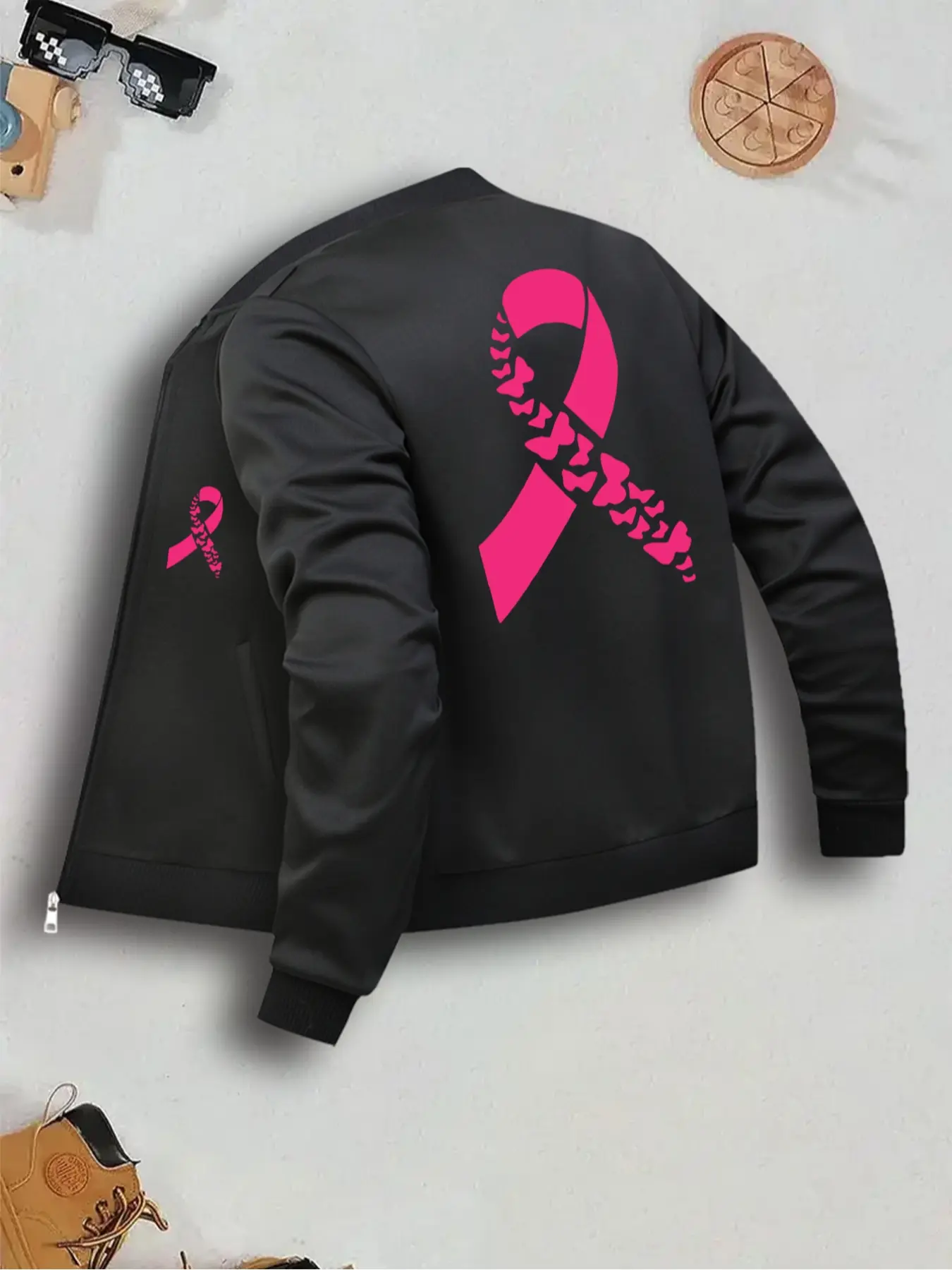 Women's Breast Cancer Awareness Fashionable Loose Fit Jacket, Perfect for Fall & Winter Layering, Casual Outerwear with Pockets