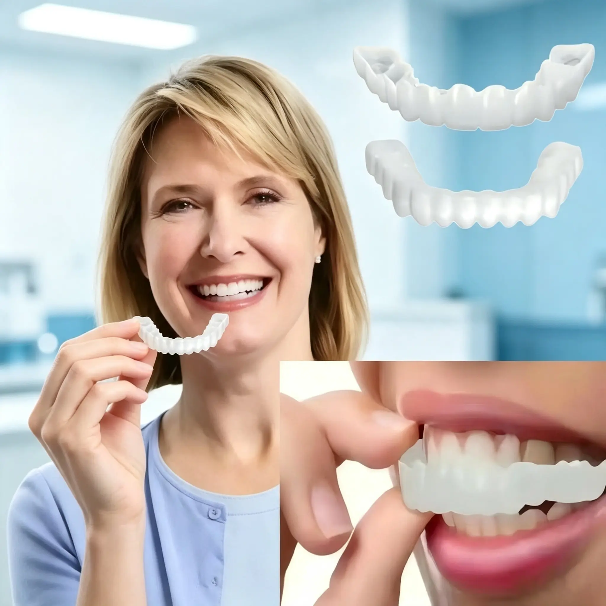Silicone Snap-On Smile False Teeth Set (2 Pairs with Polypropylene), Instant Veneers, Cosmetic Whitening Covers, Clip-In Top & Bottom Dentures for Stain Coverage & Radiant Smiles